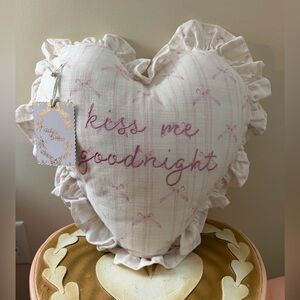 Ruby Ribbons Valentine’s Day Kiss Me Goodnight Heart Shaped Pillow w/Pink Bows